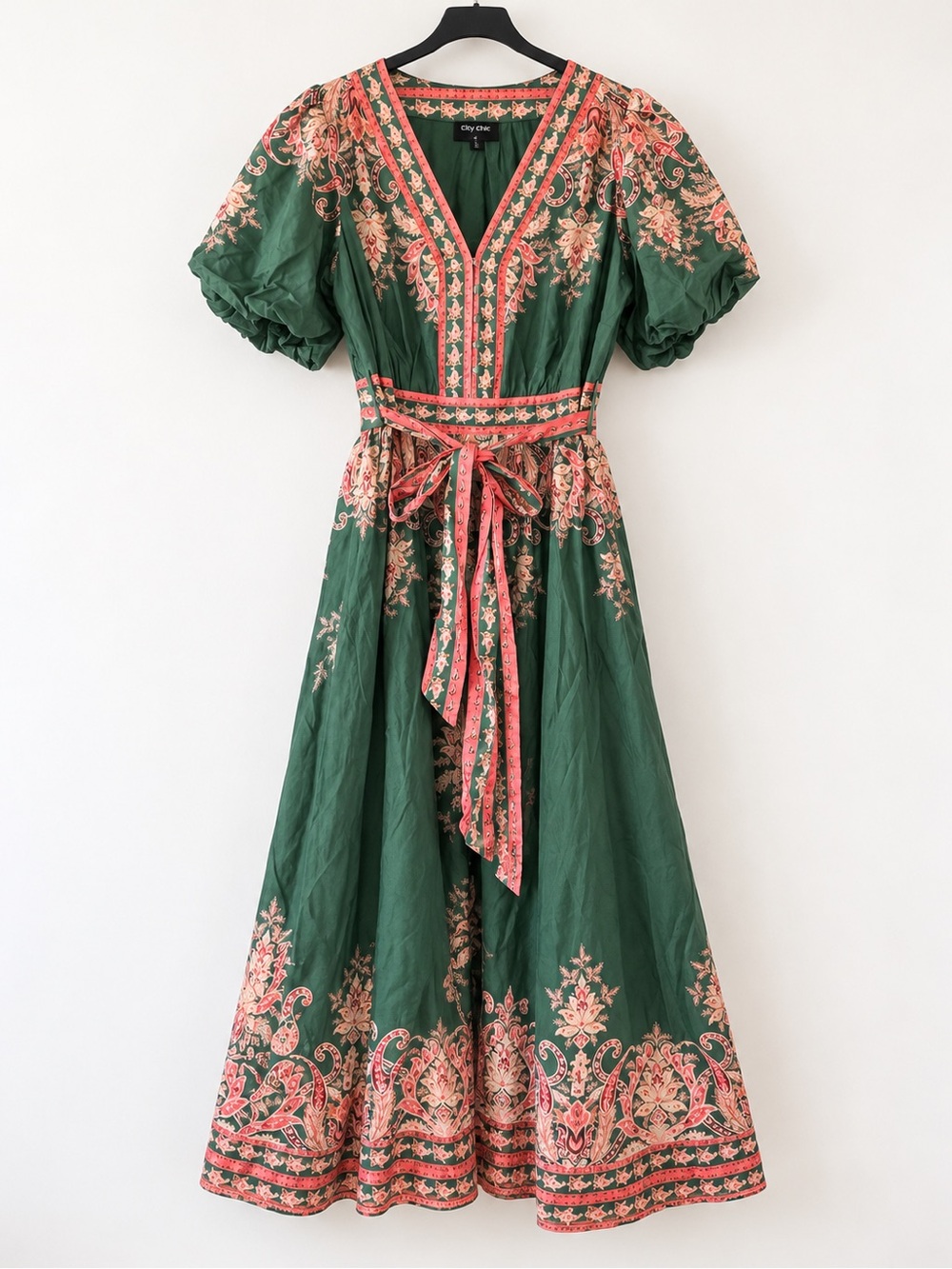 City Chic Green Maxi Dress with Pink Floral Trim and Waist Tie